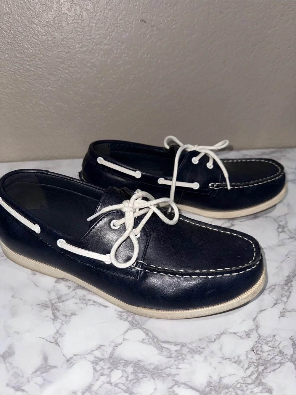 Club Room Navy Leather Boat Shoes with White Laces